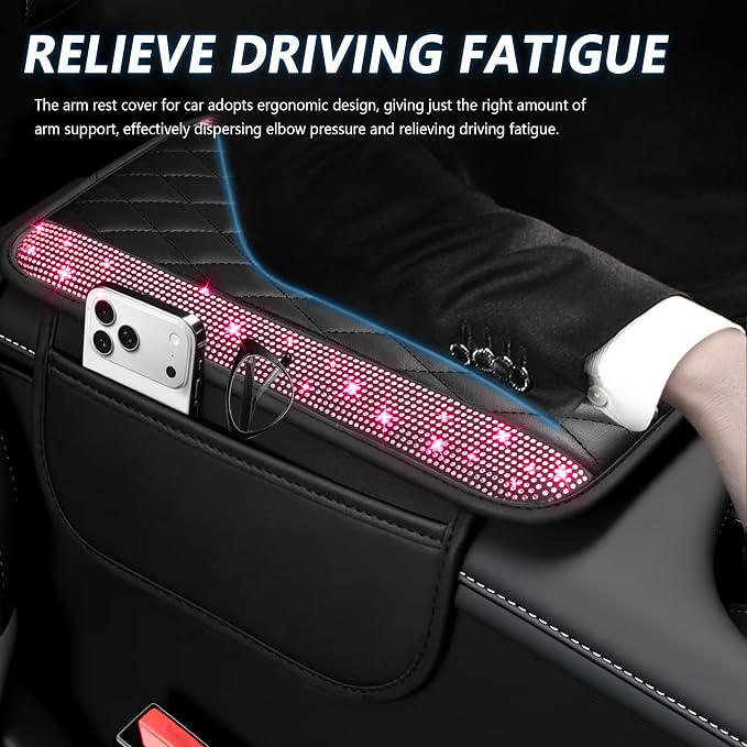 Stacool Upgraded Car Center Console Cover with Rhinestones,Microfiber Leather Car Armrest Cover Cushion with 2 Storage Bags,Universal Cars Armrest Storage Box as Cars Interior Accessories - Image 4