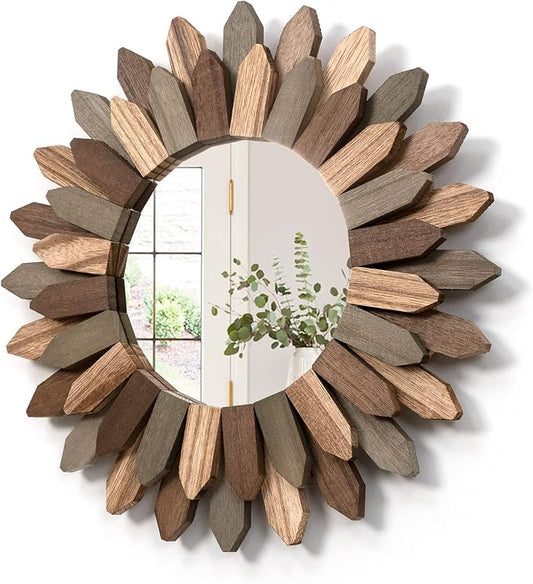 Honiway Boho Wall Decor 12 inch Decorative Mirror with Rustic Wood Sunburst Frame, Perfect for Bedroom, Living Room, Bathroom, Kitchen by Honiway