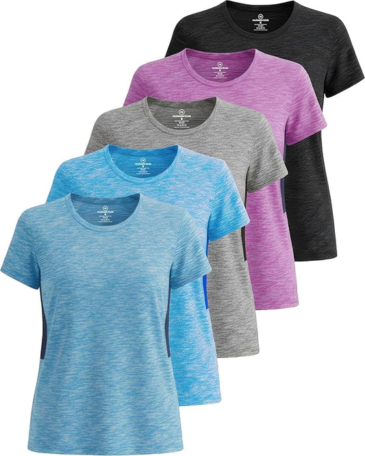 5 Pack Women's Dry Fit Short Sleeve Athletic Gym Workout Running Tops | Available in Plus Size, Exercise, Sports, Fitness, Quick Dry, Cooling, Moisture Wicking, Loose Basic Tees, Yoga, Pilates by RealEssentials