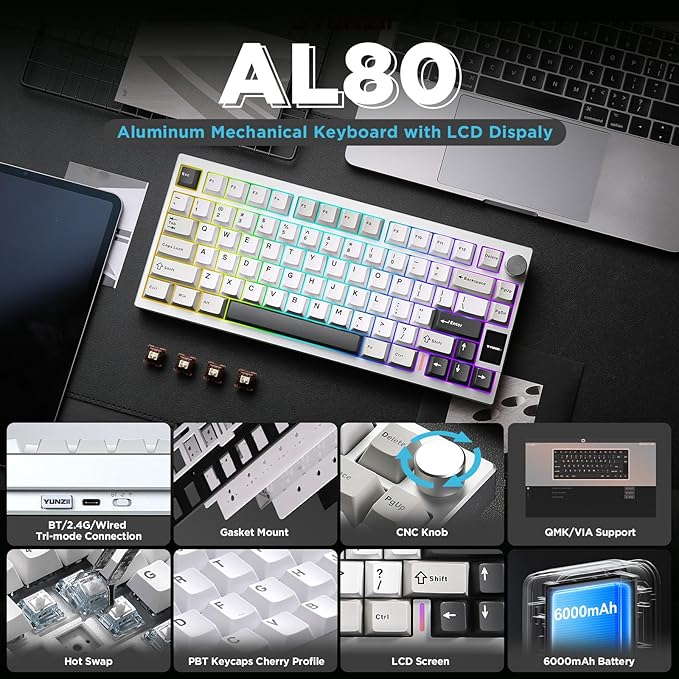 YUNZII AL80 75% Wireless Aluminum Mechanical Keyboard(Silver,Gateron Zero) | QMK/VIA, Smart LCD Display and Knob, Hot Swap, Gasket Structure, BT/2.4G/USB-C, RGB Keyboard for Gaming/Win/Mac - Image 2