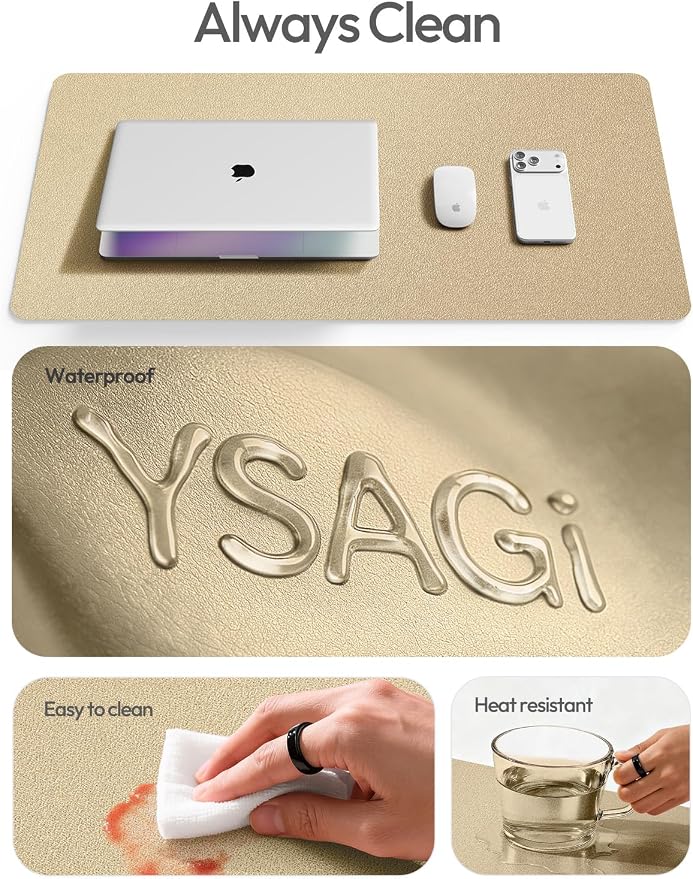 YSAGi Leather Desk Pad Protector, Office Desk Mat, Large Mouse Pad, Non-Slip PU Leather Desk Blotter, Laptop Desk Pad, Waterproof Desk Writing Pad for Office and Home (Gold, 23.6" x 13.8") - Image 8