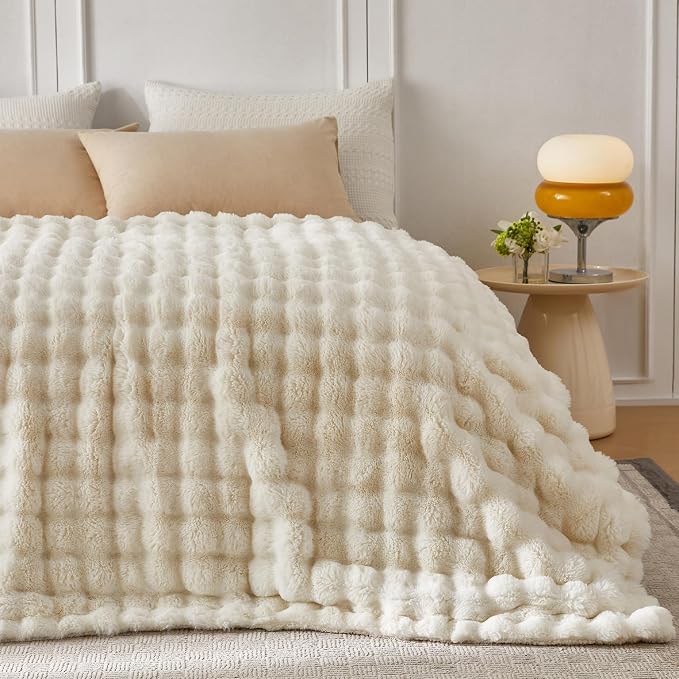 COOVA Faux Fur Throw Blanket for Couch, Cozy Soft and Fuzzy Plush Rabbit Fur Bubble Blanket for Sofa Bedroom Living Room, 60x80 Inches Ivory White - Image 2