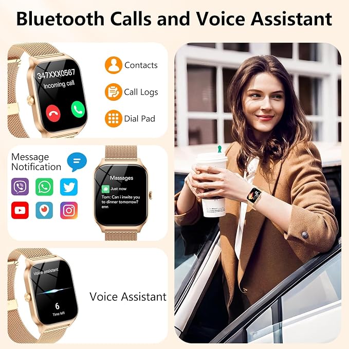 Smart Watch for Women with Bluetooth Calling, Fashion Fitness Tracker, 1.85" HD Touch Screen, AI Voice Assistant, Heart Rate Sleep Monitor, 120+ Sports Modes, Compatible with Android iPhone, 2 Bands - Image 2