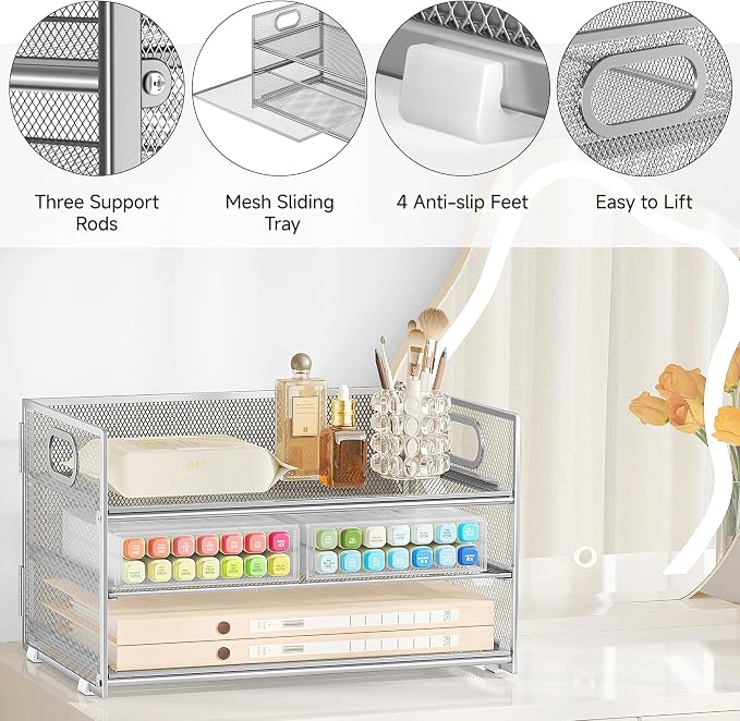 Subekyu 3 Tier Paper Desk Organizer with Handle and 1 PC Slideable Letter Tray, A4 Paper File Folder Sorter Metal Mesh Organizer for Home Office School Desk Supplies Organization Storage, Silver - Image 5