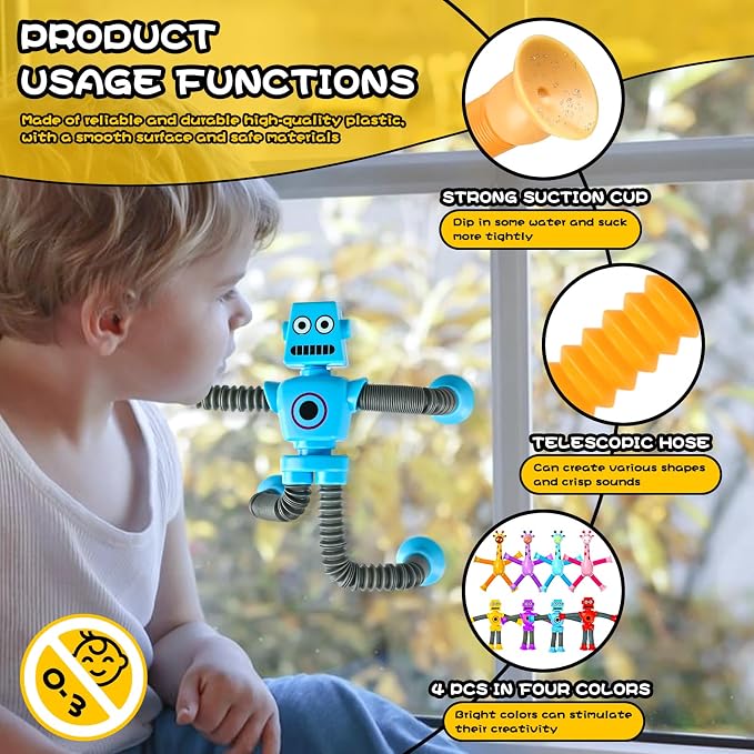 8pc Robot Giraffe Sensory Travel Toys for Toddlers Boy Ages 3 4 5 6 7 8, Airplane Activities Suction Autism Pop Tube Fidget Autistic Stocking Easter Basket Stuffer Valentine Gift for Kids - Image 3