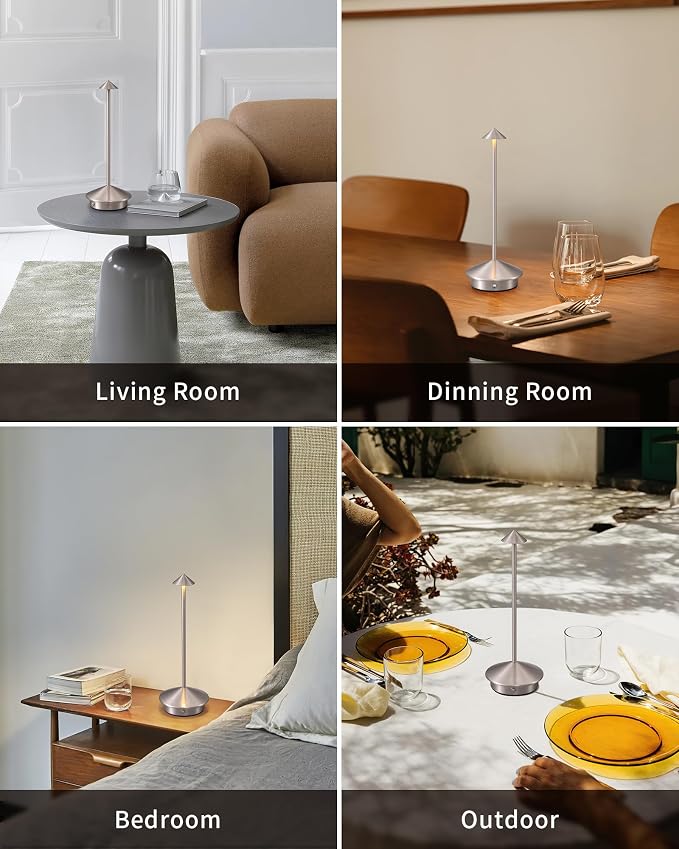 Modern Cordless Table Lamp Set of 2, Brushed Nickel LED Desk Lamps | 5000mAh, Rechargeable, Battery Operated Lighting for Bedroom, Dining Room, Restaurant, Coffee Shop, Camping, Night Light - Image 6