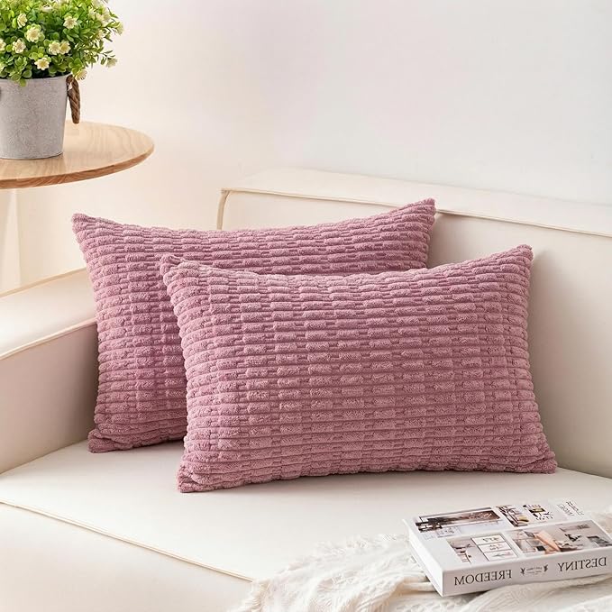 Aegero Pack of 2 Corduroy Decorative Throw Pillow Covers 12x20 Inch Soft Striped Pillow Covers Modern Farmhouse Home Decor for Sofa Living Room Couch Bed（Pink） by Unknown