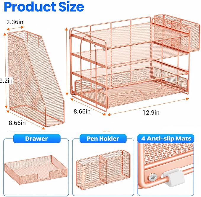 OPNICE Desk Organizers and Accessories, 4-Tier Desktop File Organizer with Drawer and Pen Holders, Office Desk Accessories Workspace Organizers for Office Supplies (Rose Gold) - Image 4