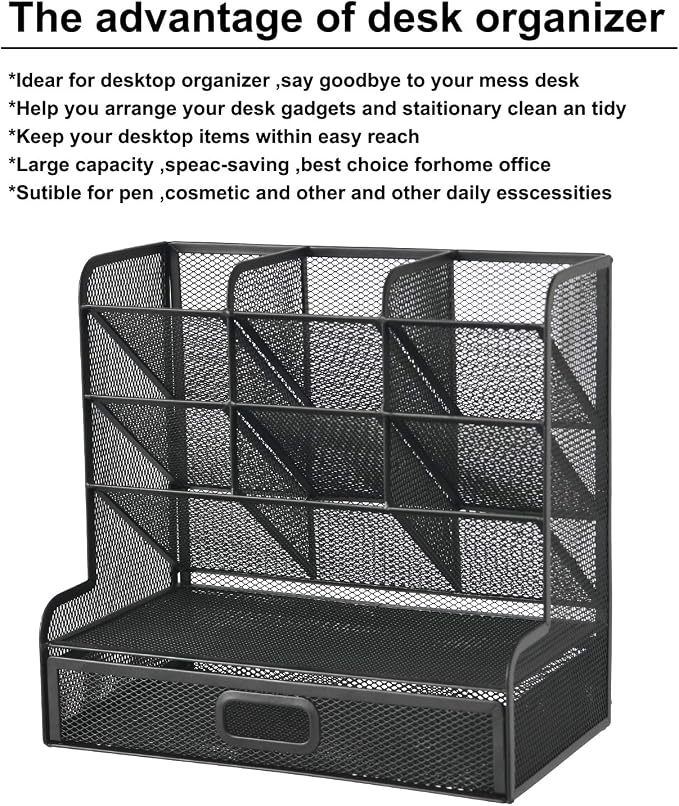 Marbrasse Mesh Pen Holder for Desk, Multi-Functional Pencil Organizer with Drawer, Desk Organizers and Accessories for Office Art Supplies (Large Black) - Image 3