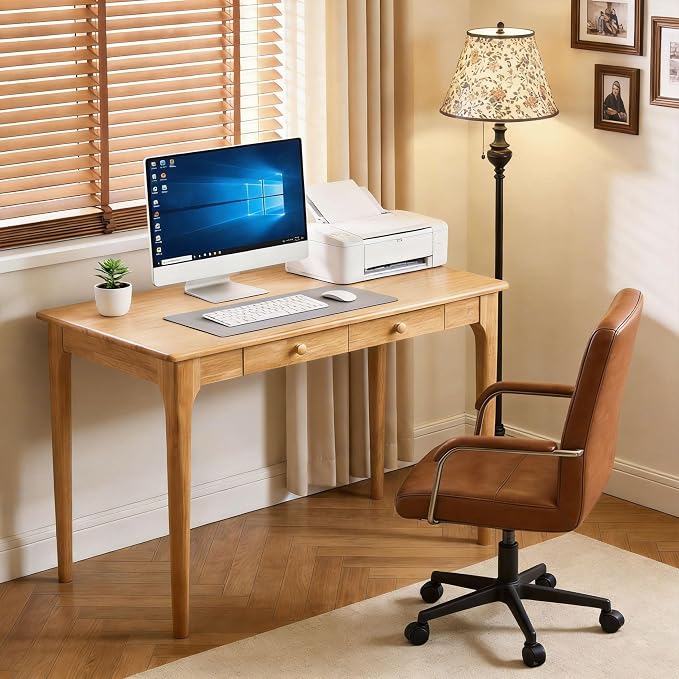 40" Solid Wood Desk with Drawers,Mid Century Modern Natural Real Wood Writing Desk,Home Bedroom Computer Office Workstation Desks,Small Spaces,Wood Color by KTVVKTVV