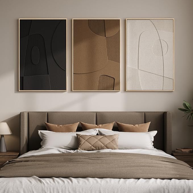 Large 3D Textured Framed Neutral Abstract Wall Art for Living Room, 3 Piece Modern Geometric Paintings Wall Decor, Black White Brown Minimalist Artwork for Dining Room Bedroom Hallway Office, 24x36 In - Image 4