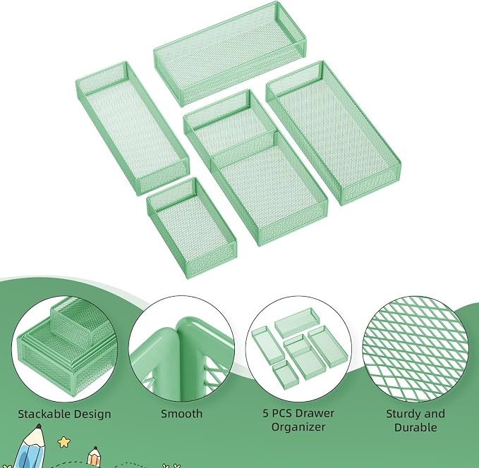 Marbrasse 5 Pack Desk Drawer Organizer Set, Mesh Drawer Storage Trays with 1 Adjustable Divider, Desk Organizers and Accessories, 5 PCS Drawer for Office Supplies, Makeup & Vanity (Green) - Image 5