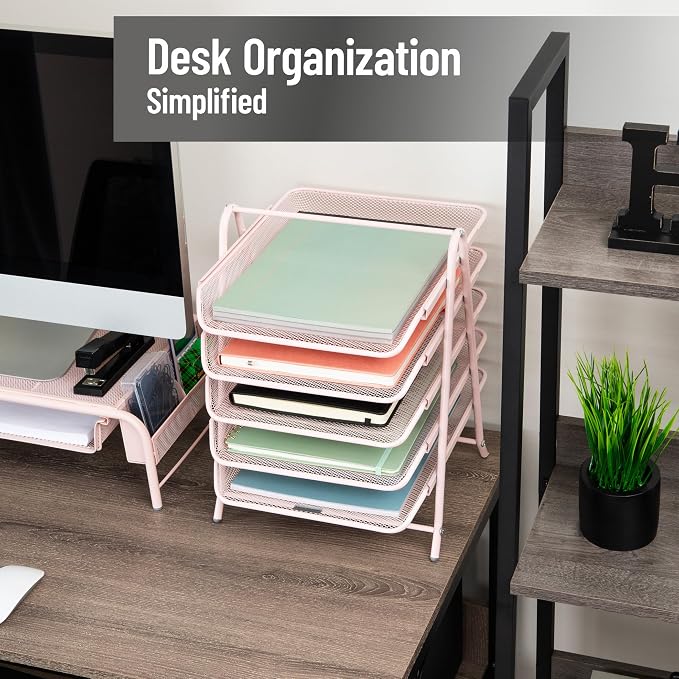 Mind Reader 5-Tier Paper Tray Organizer, Vertical Desktop File Storage Rack, Office, Metal Mesh, Pink - Image 2