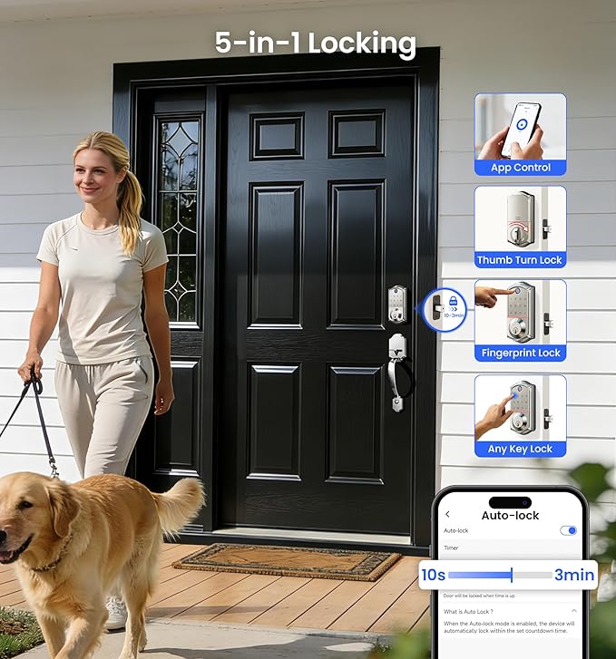 Veise VE017 Fingerprint Smart Door Lock, App Control, 8-in-1 Keyless Entry, Auto Lock, Emergency Power Port, Electronic Touchscreen Keypad, Biometric Smart Locks for Front Door, Satin Nickel - Image 6