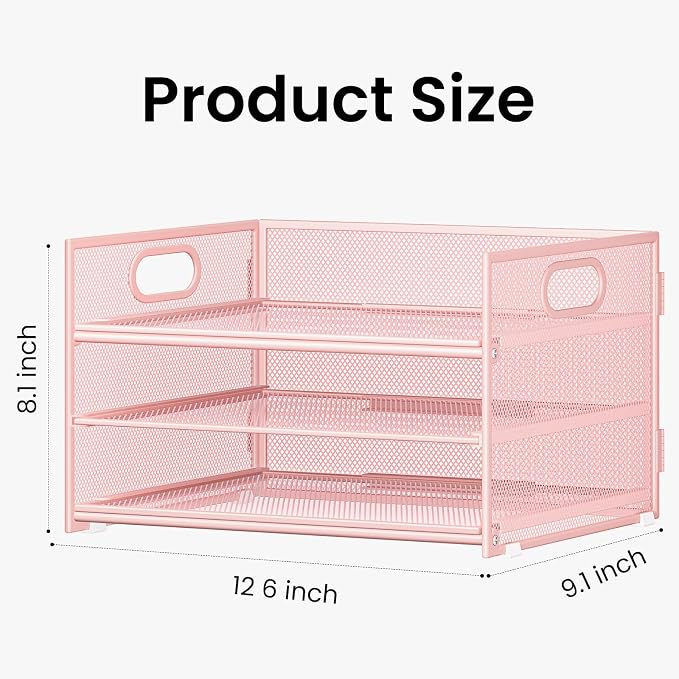 Subekyu 2-Pack 3-Tier Pink Metal Mesh Desk Paper Letter Tray & File Sorter Organizer with Handle + 1 Sliding Tray for Desk, Home, Office, School Supplies, A4 Paper and Accessories Storage - Image 5
