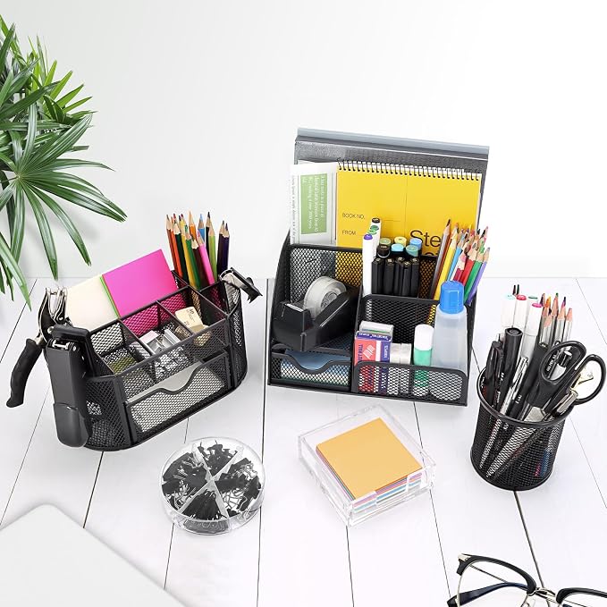 17 in 1 Black Desk Organizers and Accessories Set, 3 Office Desk Supplies Storage Organization, 4 Pens, Stapler, Staples & Remover, Tape & Dispenser, Scissors, Ruler, Clips, Hole Punch, Back to School - Image 6