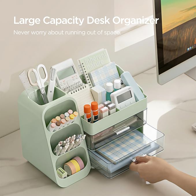 HBlife Desk Organizer with Pen Pencil Holder for Desk, Pen Organizer with 2 Drawers, Desk Organizers and Accessories with 4 Compartments, Desktop Storage for Office Home School Art Supplies, Green - Image 2