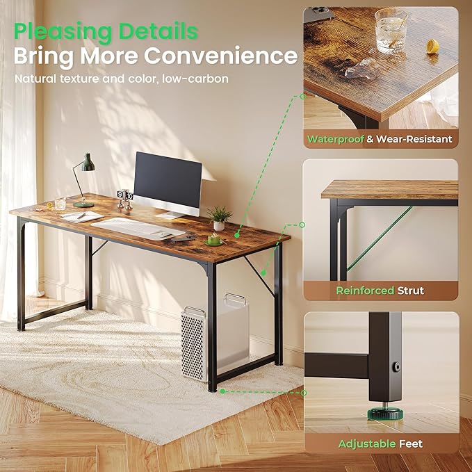 Huuger Computer Desk, 55 Inch Home Office Desk, Gaming Writing Work from Home Study Desk, Large Legroom, Sturdy Metal Frame, Modern Simple, Rustic Brown - Image 5