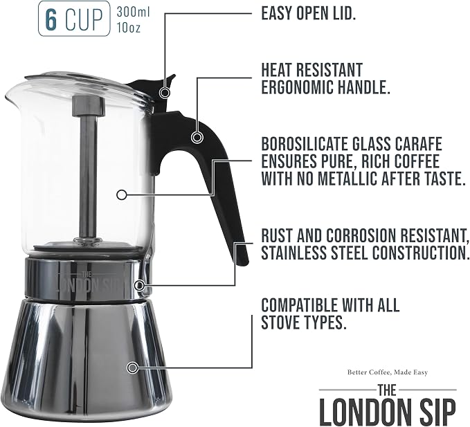 The London Sip Glass and Stainless Steel Stovetop Espresso Maker Moka Pot Italian Coffee Percolator, Glass, Medium (10.14 oz) - Image 2