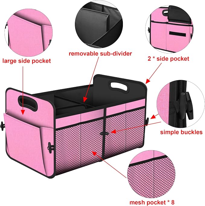 Femuar Car Trunk Organizer,Car Storage Organizer with 72L Large Capacity Waterproof Collapsible and 11 Pockets,Trunk Organizer for Car Suv/Jeep/Sedan, Large Size, Pink - Image 5