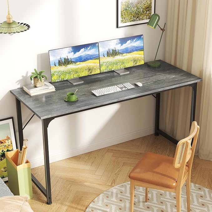 Huuger Computer Desk, 55 Inch Home Office Desk, Gaming Writing Work from Home Study Desk, Large Legroom, Sturdy Metal Frame, Modern Simple, Grey - Image 2
