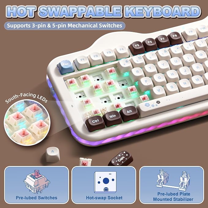 YUNZII C98 Cute Cake Wireless Mechanical Keyboard(Choco, Candy Switch) | 99 Keys with Number Pad, Hot Swap, PBT MOA Keycaps, BT5.0/2.4G/USB-C, Gasket Mount, Custom RGB Backlit for Win/Mac - Image 4