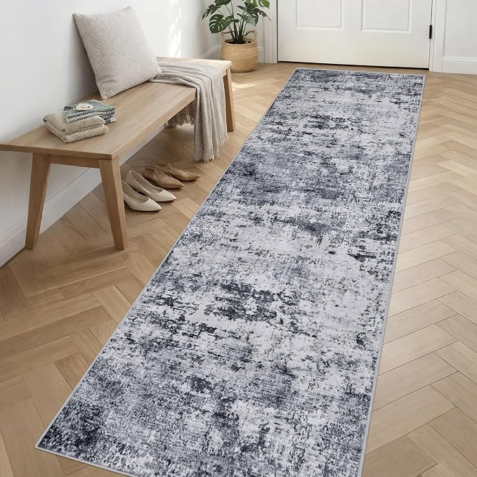 Washable Area Rug 3x14 Entryway Rug: Washable Modern Abstract Soft Thin Rug Indoor Floor No Slip Stain Resistant Carpet for Bedroom Dining Room Farmhouse Nursery Home Office - Grey - Image 3