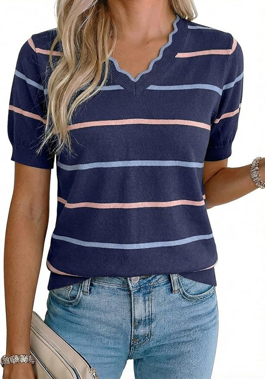 Dokotoo Womens Summer Short Sleeve Knit Tops 2026 Spring Trendy Casual V Neck Striped Sweater Blouses by Dokotoo