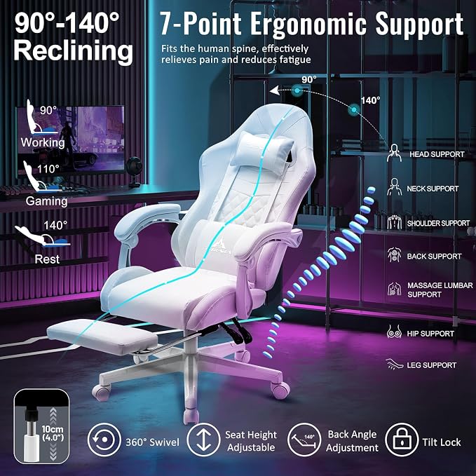 White Gaming Chair,Ergonomic Massage Office Desk Chair with Footrest | Pocket Spring Cushion,Reclining,Thick High Back,Headrest and Lumbar Support,Adjustable Leather Computer Chair Gamer Chair - Image 6