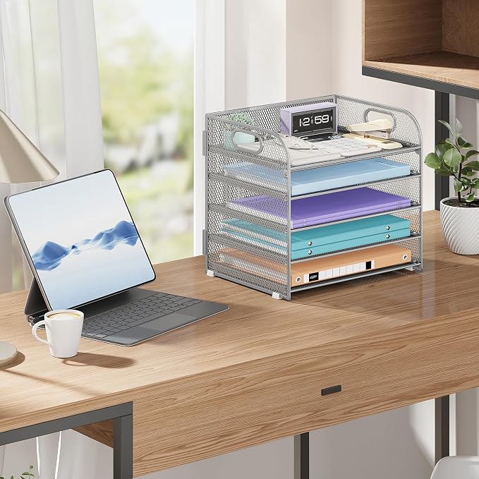 Cawukege 5 Tier Paper Organizer with Handle, Silver Metal Mesh Desk Organizer File Folder Paper Letter Tray Desktop Document Sorter for Classroom, School, Office Accessories Organization and Storage - Image 8