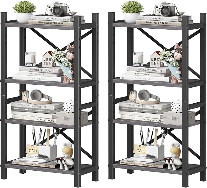 2-Pack Desktop Bookshelf, 4-Tier Stackable Narrow Bookcase, Adjustable Industrial Desk Organizer & Hutch - Rustic Brown Wood Desktop Book Organizer for Living Room, Bedroom & Home Office by Homeiju
