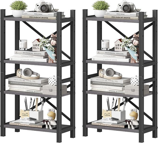 2-Pack Desktop Bookshelf, 4-Tier Stackable Narrow Bookcase, Adjustable Industrial Desk Organizer & Hutch - Rustic Brown Wood Desktop Book Organizer for Living Room, Bedroom & Home Office by Homeiju