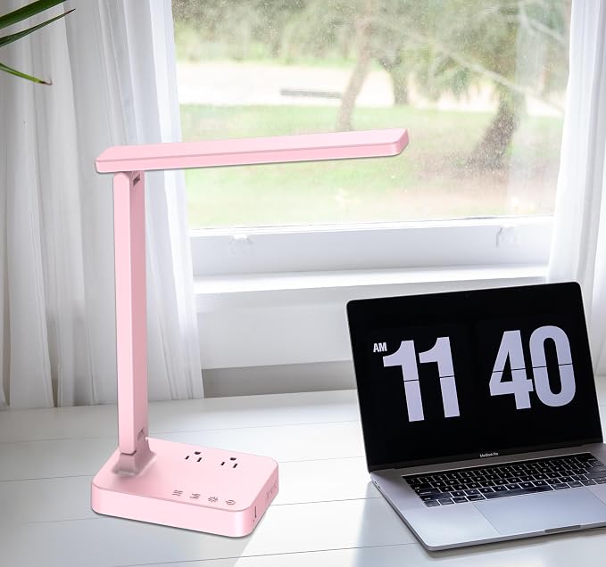 Drevet LED Desk Lamp, Desk Light with 1 USB Charging Port and 2 AC Power Outlet, 3 Lighting Modes, 3 Level Brightness,1H Timer, Touch Control, Eye-Caring Home Office Foldable Table Lamp (Pink) - Image 6