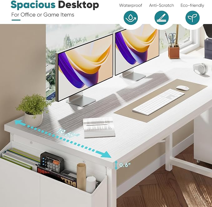 OLIXIS Computer Desk, 55 Inch Gaming Desks for Home Office Small Spaces | Writing Study Craft Work Table, Computer Workstation for Bedroom with Storage Bag, All White - Image 5