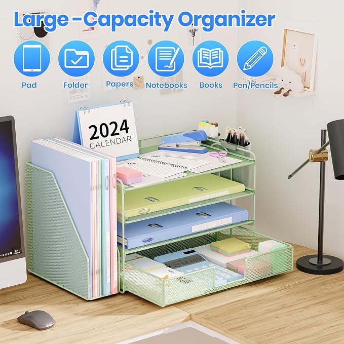 OPNICE Desk Organizer, 4-Tier Desktop File Organizer with Drawer and Pen Holders, Office Desk Accessories, File Sorters, Workspace Organizers for Office Supplies(Green) - Image 6