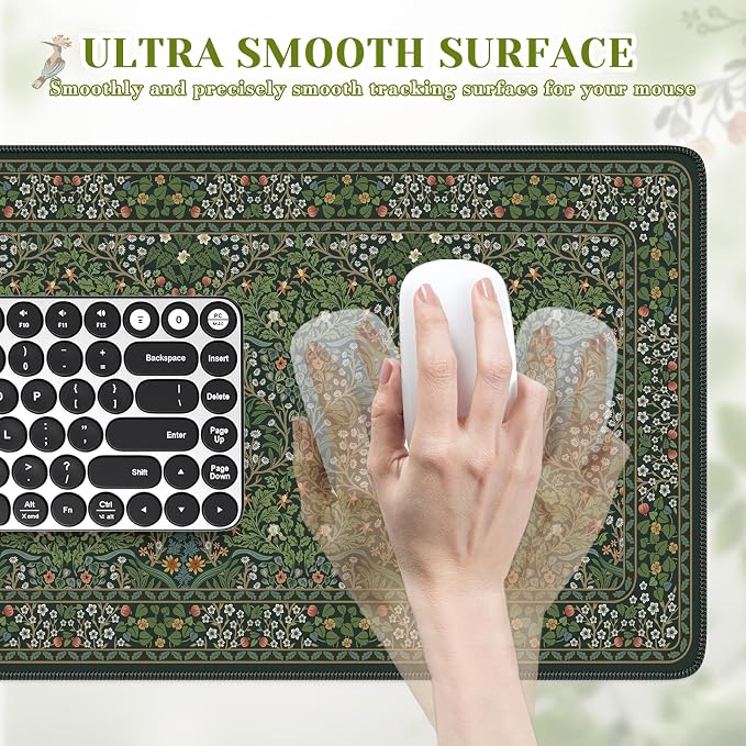 iCasso Aesthetic Floral Desk Mat, 31.5x11.8in Mouse Pads, Retro Green | Anti-Slip Mousepad with Stitched Edges, Waterproof Computer Pad, Desk Accessories Office Decor for Women - Image 3