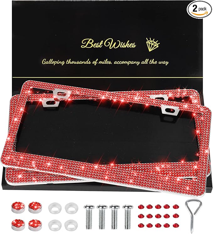 QUANQIUFEI 2 Pack Bling License Plate Frames for Women, Sparkly Rhinestone Diamond Car Accessories with Glitter Crystal Caps (Red) by QUANQIUFEI