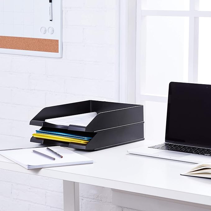 Amazon Basics Rectangular Stackable Desk Organizer Office Letter Tray, File Storage, Paper Organizer, Black, 2-Pack - Image 6