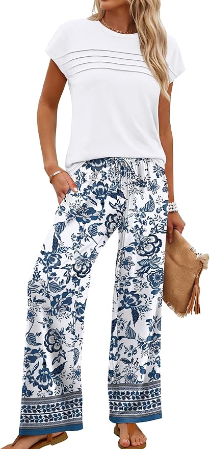 WIHOLL Two Piece Set for Women Summer Spring Outfits Matching Sets Women Clothing Airport Travel Vacation Wide Leg Pants - Image 2