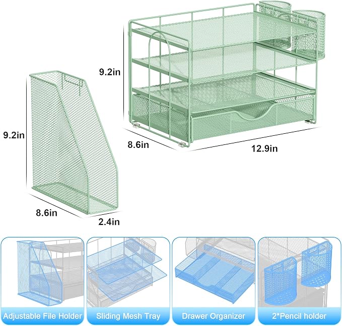 gianotter 4-Tier Desk Organizer with Drawers, File Holders, Letter Trays and Pen Holders - Workspace Accessories for Office Supplies (Sage Green) - Image 5