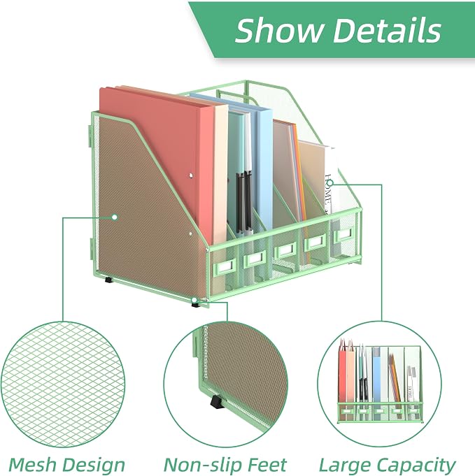 SUPEASY Desk Organizers Metal Desk Magazine File Holder with 5 Vertical Compartments Rack File Organizer for Office Desktop, Classroom, Home Workspace, Green - Image 3