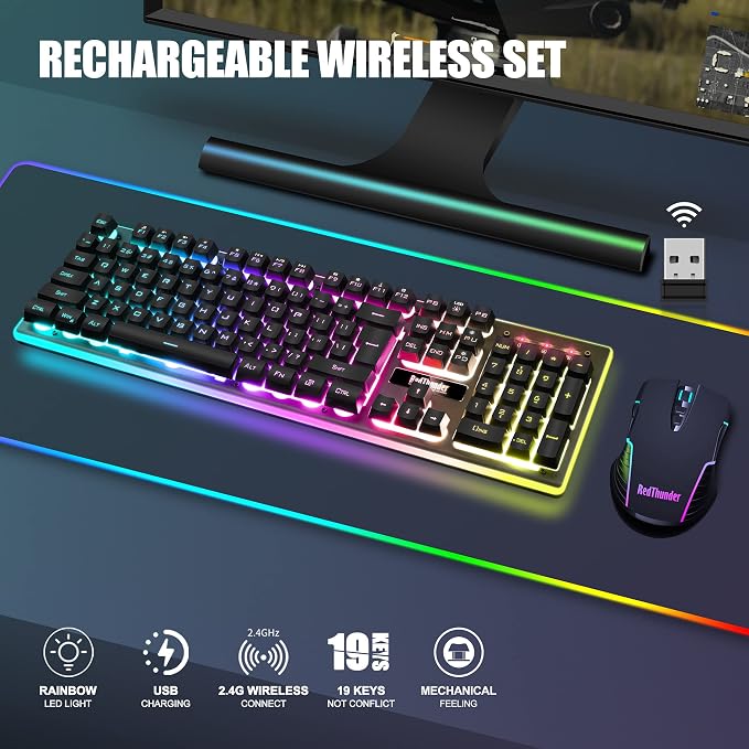 RedThunder K10 Wireless Gaming Keyboard and Mouse Combo, RGB Backlight Rechargeable 3800mAh Battery, 26-Key Anti-ghosting Keyboard + 7D 3200DPI Mice for PC Gamer - Image 2
