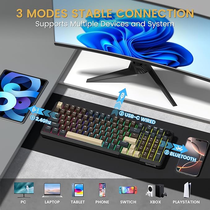 Redragon K742 Wireless Mechanical Gaming Keyboard with Knob, Bluetooth 5.0/2.4GHz/USB C Wired Creamy Keyboard with Number Pad for PC Computer, RGB Backlits, Hot-Swappable with Linear Switches (Brown) - Image 4