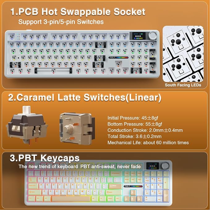 AULA F108 PRO - Wireless Mechanical Keyboard with Screen&Knob,Hot Swappable Gaming Keyboard with 8000mAh Battery,Pre-lubed Switches,RGB Backlit,PBT Keycaps Creamy Sounding Computer Keyboards,104 Keys - Image 5