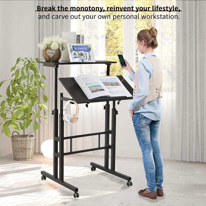 Hadulcet Mobile Standing Desk with Charging Station, Adjustable Standing Computer Desk, Standing Adjustable Laptop Cart with Wheels for Home Office Classroom Black - Image 3