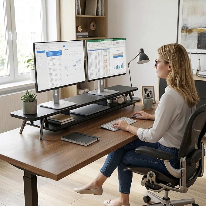 Fenge Dual Monitor Stand, Monitor Stands Riser for 2 monitors, 47.2 Inch Wood Desk Shelf with Storage Organizer and Cable Management for Office Desk Accessories - Image 8