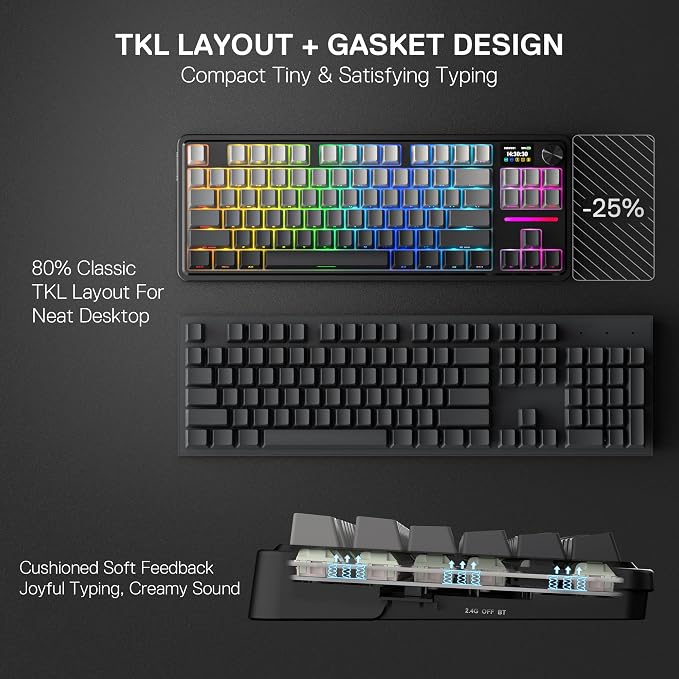 Redragon K743 PRO GB 80% Gasket RGB Gaming Keyboard w/Hype 1.14’’ TFT Screen & Knob, 84 Keys Mechanical Keyboard, 5-Layer Noise Dampening, Hot-Swap South-Facing RGB Socket, Gradient PBT Keycaps - Image 7