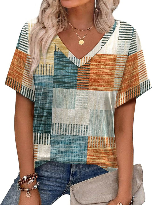 Alaroo Womens Summer Tops 2026 V Neck Short Sleeve Shirts Trendy Dressy Casual Vacation Outfits Printed by Alaroo
