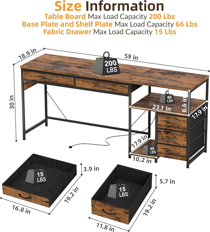 YOSHOOT 60" Computer Desk with 5 Fabric Drawers, Gaming Desk Table | Desk with Storage and Power Outlets, for Adults and Teenagers Working Writing Study, Rustic Brown - Image 3