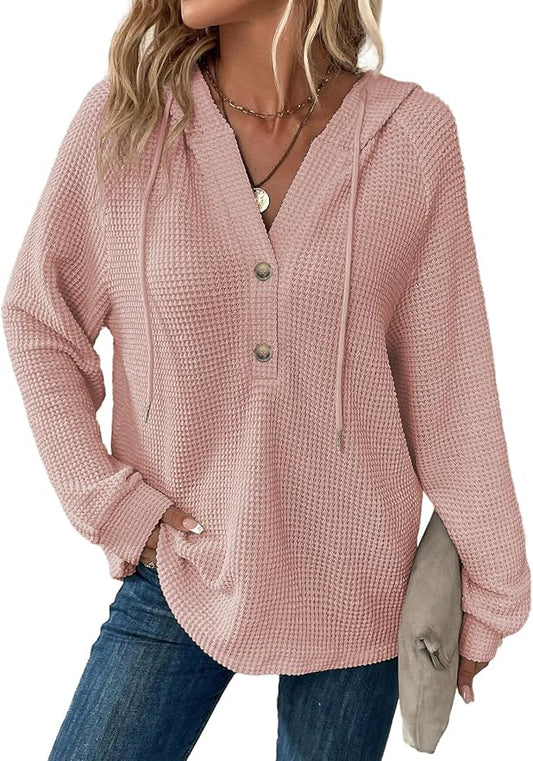 Dokotoo Hoodies for Women Waffle Knit Long Sleeve Drawstring Button V Neck Casual Sweatshirt Hooded Tops Fashion Clothing by Dokotoo